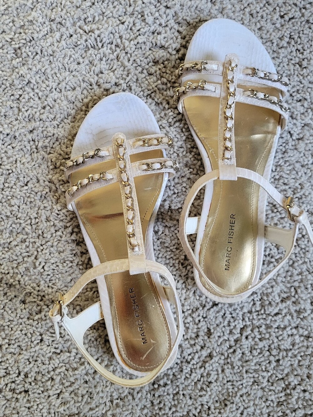 Marc Fisher Cream T-Strap Sandals with Gold Insole